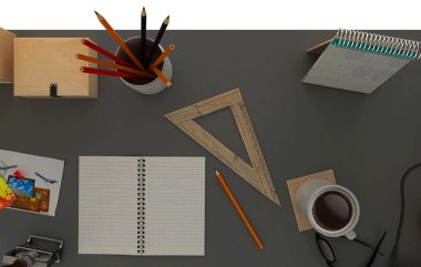 Beyaz arkaplanda ofis malzemeleri ve kırtasiye malzemelerinin üst görünümü