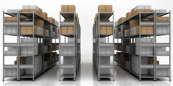 stock image Warehouse storage racks with parcels, 3d render, isolated on white