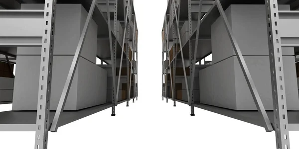 白に隔離された小包 3Dレンダリング付き倉庫保管棚 — ストック写真
