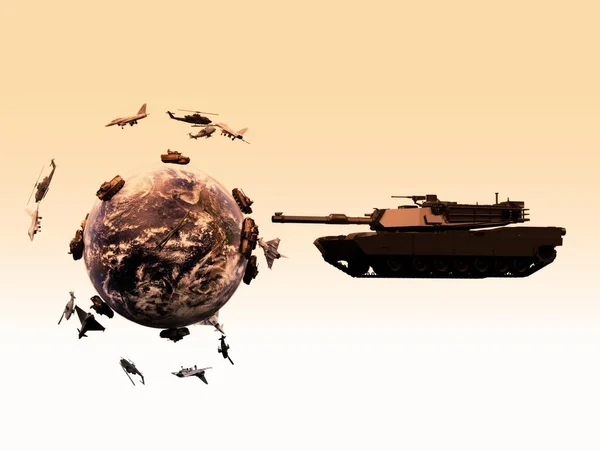 stock image Global war, stylized planes and tanks around the planet earth