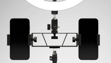 Ring light with smartphone holder mockup for advertising and product presentation, isolated 3D rendering