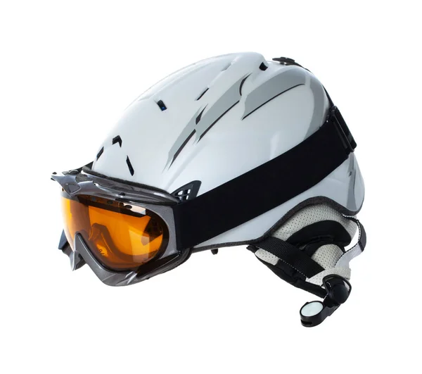 在白色上隔离的头盔和护目镜滑雪者 — 图库照片