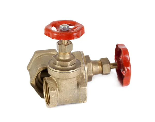 Two Brass Water Valves Red Handle White Background — Stock Photo, Image