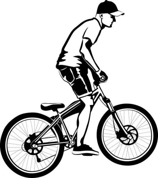 Junge Auf Mtb Fahrrad Schwarz Weiße Vektorabbildung — Stockvektor