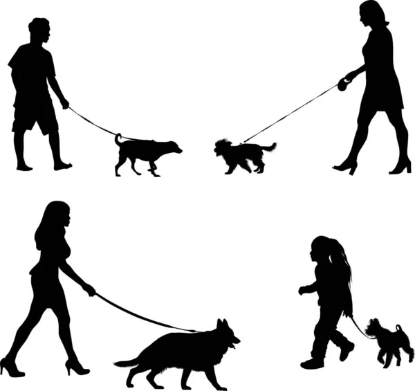 Woman Kid Walking His Dog Silhouettes — Stock Vector