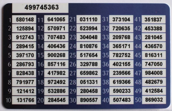 Bankkarte Mit Einmaligen Passwortnummern Nummerierte Liste — Stockfoto