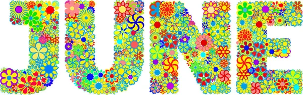 Mot Juin Avec Diverses Fleurs Multicolores — Image vectorielle
