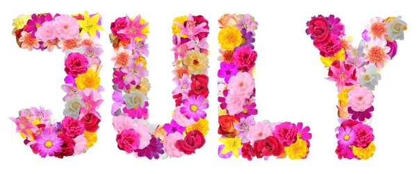Palavra Julho Com Várias Flores Multicoloridas — Fotografia de Stock