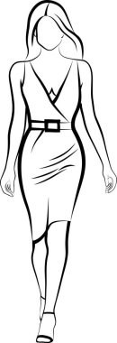 Giyinik Yürüyen Kadın skeci. Vektör illüstrasyonu