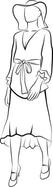 Yürüyen Kadın Elbisesi ve Şapkası Çizimi. Vektör illüstrasyonu