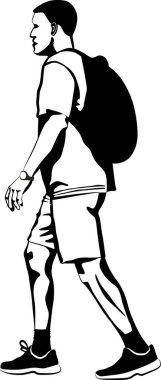 Sırt çantalı bir adamın siyah beyaz vektör çizimi