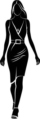 Slim Woman in Dress 'in silueti. Vektör tek renkli illüstrasyon