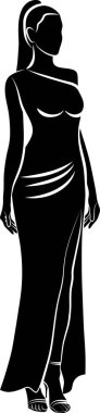 Slim Elegant Women in Dress 'in silueti. Vektör tek renkli illüstrasyon