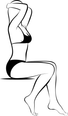 Bikini giymiş, kafası elinde oturan kadınlar.