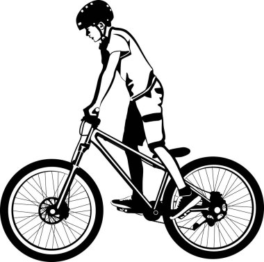MTB motorlu çocuk - siyah beyaz vektör çizimi