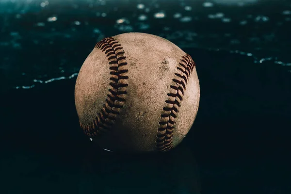 Old Used Baseball Ball Closeup Worn Texture Water Rain Game — Stock Photo, Image