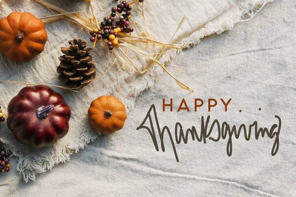 поздравительная открытка на день благодарения с тыквами и сосновым шишкой. вид сверху в деревенском стиле