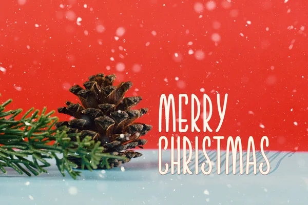 Greeting Card Merry Christmas Lettering Red Background Christmas Tree Branch — Fotografia de Stock