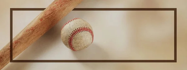 Honkbalknuppel Met Bal Frame Beige Achtergrond — Stockfoto