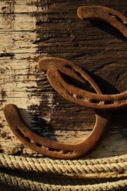 Eski paslı at nallarıyla batı sanatı halatın yanında eski moda ahşap arka planda.