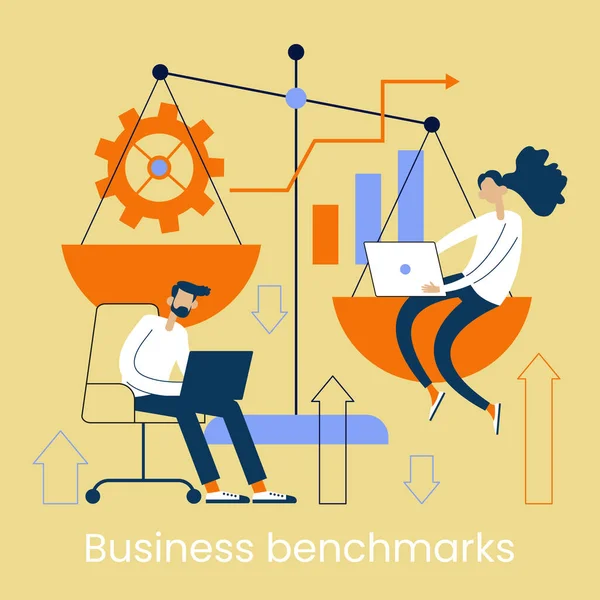 制定基准概念 分析企业的有效运作 发展和改善商业的理念 商业风险测试 对改进业务的可能办法的评价 — 图库矢量图片