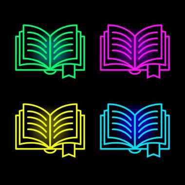 Kitap neon ikonları. Parlak renklerde ders kitabı silueti. Parlayan neon kitap tabelası. Vektör simgeleri kümesi.
