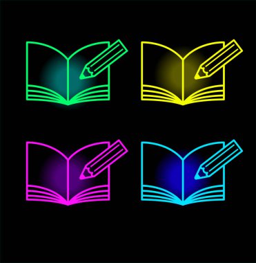 Kitap neon ikonları. Parlak renklerde ders kitabı silueti. Parlayan neon kitap tabelası. Vektör simgeleri kümesi.