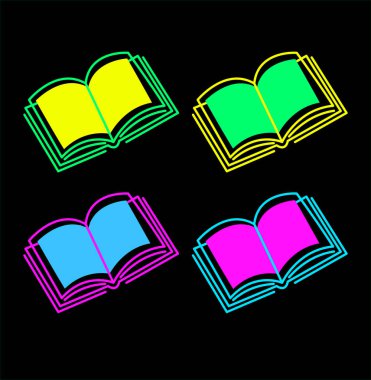 Kitap neon ikonları. Parlak renklerde ders kitabı silueti. Parlayan neon kitap tabelası. Vektör simgeleri kümesi.