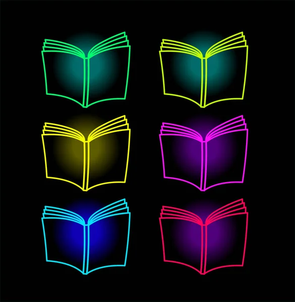 Kniha Neonových Ikon Učebnicová Silueta Jasných Barvách Zářící Neonový Nápis — Stockový vektor
