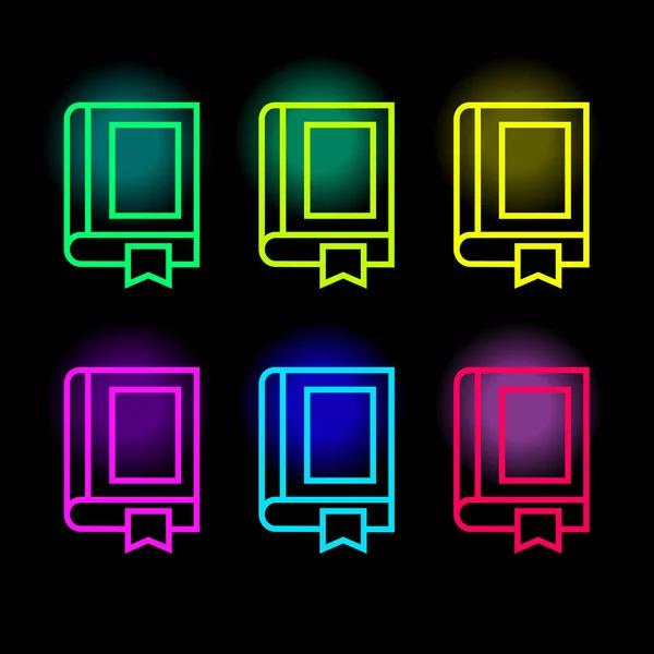 Boka Neonikoner Lärobok Siluett Ljusa Färger Glödande Neonboksskylt Uppsättning Vektorikoner — Stock vektor