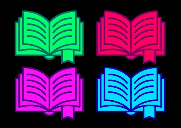 Boek Neon Iconen Handboek Silhouet Felle Kleuren Gloeiend Neon Boekenbord — Stockvector