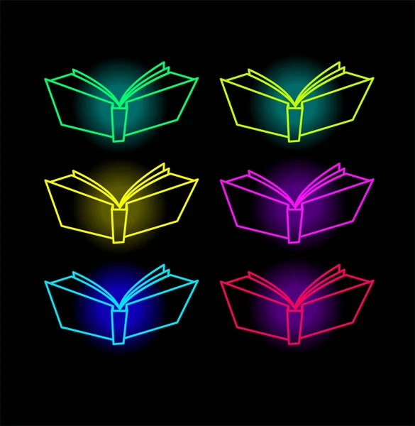 Kitap Neon Ikonları Parlak Renklerde Ders Kitabı Silueti Parlayan Neon — Stok Vektör