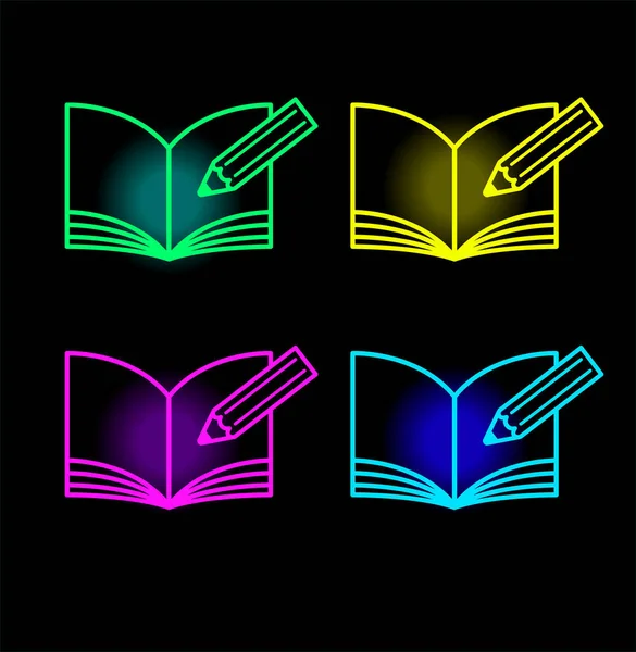 Buch Neon Ikonen Schulbuchsilhouette Leuchtenden Farben Leuchtende Leuchtschrift Set Von — Stockvektor