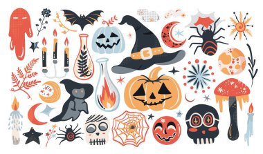 Şeffaf arkaplan üzerine elle çizilmiş karalama ile izole edilmiş Cadılar Bayramı dekorasyon unsurları kümesi.