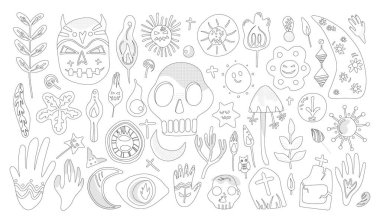 Şeffaf arkaplanda elle çizilmiş çizimlerle izole edilmiş Cadılar Bayramı dekorasyon unsurları. Boyama kitabı için siyah özet biçimi.