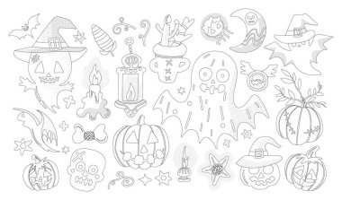 Şeffaf arkaplanda elle çizilmiş çizimlerle izole edilmiş Cadılar Bayramı dekorasyon unsurları. Boyama kitabı için siyah özet biçimi.