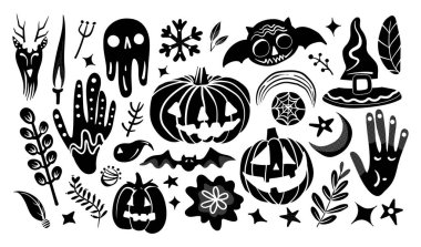 Şeffaf arkaplanda elle çizilmiş çizimlerle izole edilmiş Cadılar Bayramı dekorasyon unsurları. Siyah siluet biçimi.