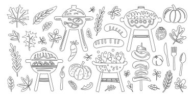 Beyaz arkaplanda karalama elle çizilmiş şirin dekorasyon unsurları kümesi.