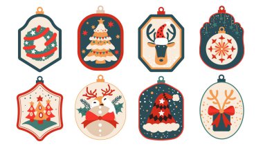 İzole edilmiş Noel ve Yeni Yıl etiketi, rozet, beyaz arka planda şirin karalama tarzı çıkartma tasarımı.