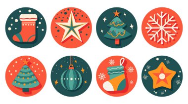 Set of isolated Christmas and New Year label, badge, sticker design in cute doodle style on a white background. clipart