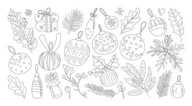 İzole edilmiş Noel ve Yeni Yıl parti süslemeleri beyaz arka planda elle çizilmiş grafiklerle süslenmiştir..