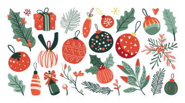 İzole edilmiş Noel ve Yeni Yıl parti süslemeleri beyaz arka planda elle çizilmiş grafiklerle süslenmiştir..