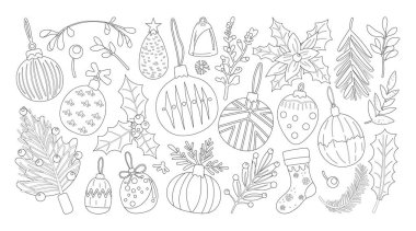 İzole edilmiş Noel ve Yeni Yıl parti süslemeleri beyaz arka planda elle çizilmiş grafiklerle süslenmiştir..