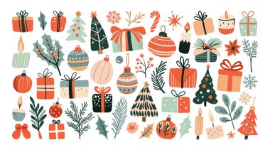 İzole edilmiş Noel ve Yeni Yıl parti süslemeleri beyaz arka planda elle çizilmiş grafiklerle süslenmiştir..