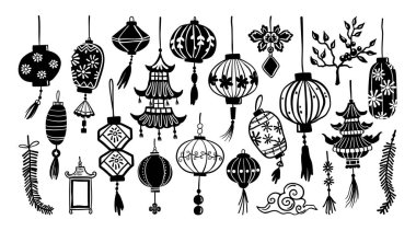 İzole edilmiş Çin Yeni Yıl dekorasyon elementleri, fenerler, beyaz bir arka planda el çizimi çizimi çizim tarzında..