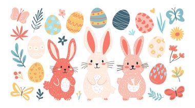 İzole edilmiş Paskalya bayramı süslemeleri beyaz arka planda elle çizilmiş grafikler..