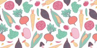 Çeşit çeşit sebzelerin yer aldığı elle çizilmiş kusursuz bir sebze deseni. Dijital arkaplan, ambalaj, ambalaj kağıdı, tekstil, mutfak dekorasyonu ve duvar kağıdı tasarımları için mükemmel..