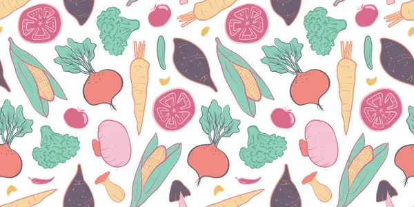 Çeşit çeşit sebzelerin yer aldığı elle çizilmiş kusursuz bir sebze deseni. Dijital arkaplan, ambalaj, ambalaj kağıdı, tekstil, mutfak dekorasyonu ve duvar kağıdı tasarımları için mükemmel..