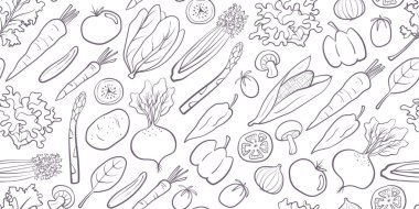 Çeşit çeşit sebzelerin yer aldığı elle çizilmiş kusursuz bir sebze deseni. Dijital arkaplan, ambalaj, ambalaj kağıdı, tekstil, mutfak dekorasyonu ve duvar kağıdı tasarımları için mükemmel..