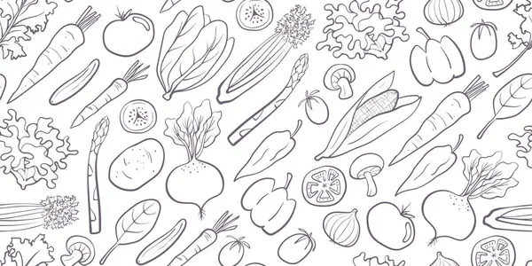 Çeşit çeşit sebzelerin yer aldığı elle çizilmiş kusursuz bir sebze deseni. Dijital arkaplan, ambalaj, ambalaj kağıdı, tekstil, mutfak dekorasyonu ve duvar kağıdı tasarımları için mükemmel..